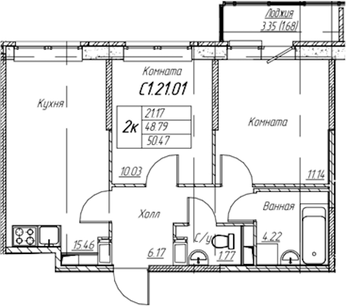 2-комнатная квартира 50.47 м², 21/22 эт., ЖК «Парк-квартал Юнтолово»